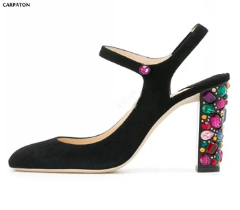 

Carpaton 2019 Spring Colorful Crysatl Embellished Thick Heels Woman Sandal Black Suede Round Toe Ankle Strap Wedding Heels