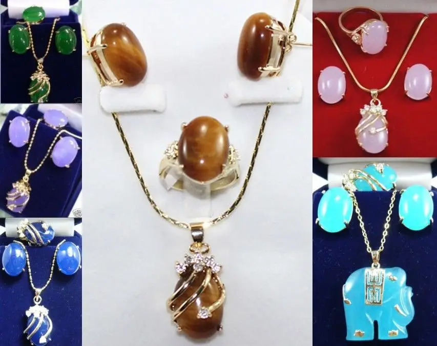 

11.22 7 color-tiger eye stone blue/red/pink/purple/green jade earring ring pendant set can choose Discount 35%