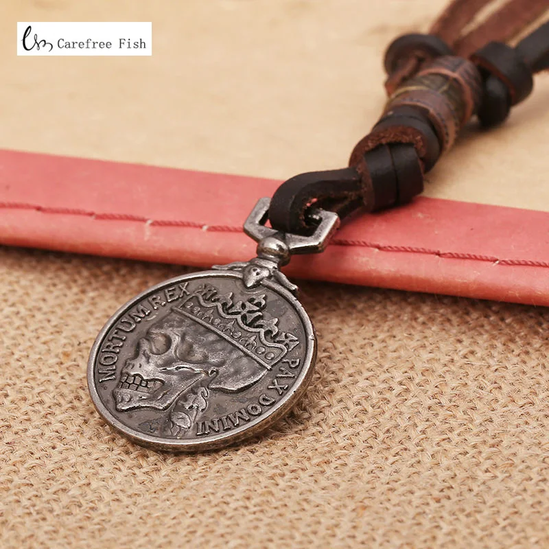 

New male leather skull necklaces,100% genuine cowhide men's posthumous service medal mortumrex pax domini pendent jewelry N0045