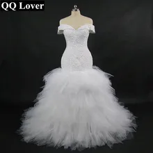 QQ Lover Новое Африканское свадебное платье русалки с открытыми плечами с видео на заказ плюс размер сексуальное расшитое бисером свадебное платье