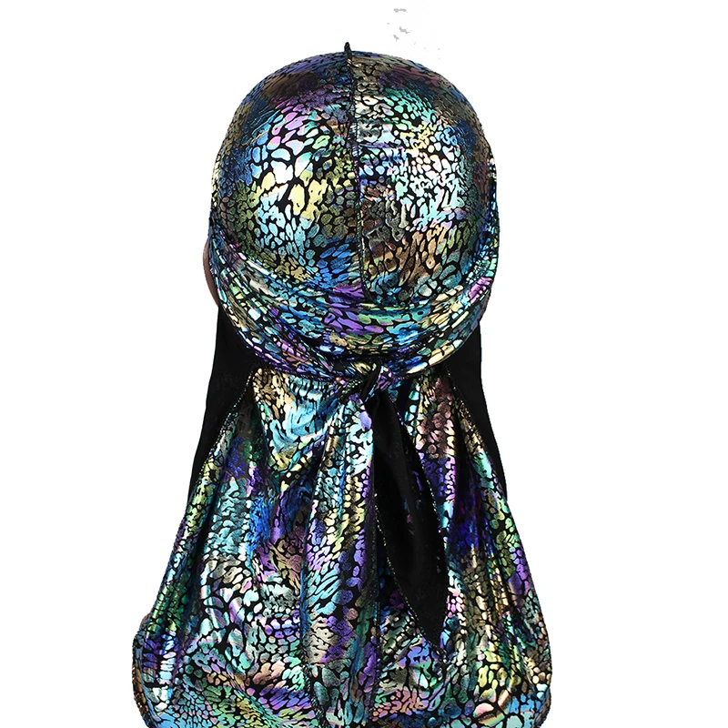 

Unisex Men Laser Silk Durag Colorful Soft Bandana Hat Turban Headwear Long Tail Head Wrap Waves Do Du Rag