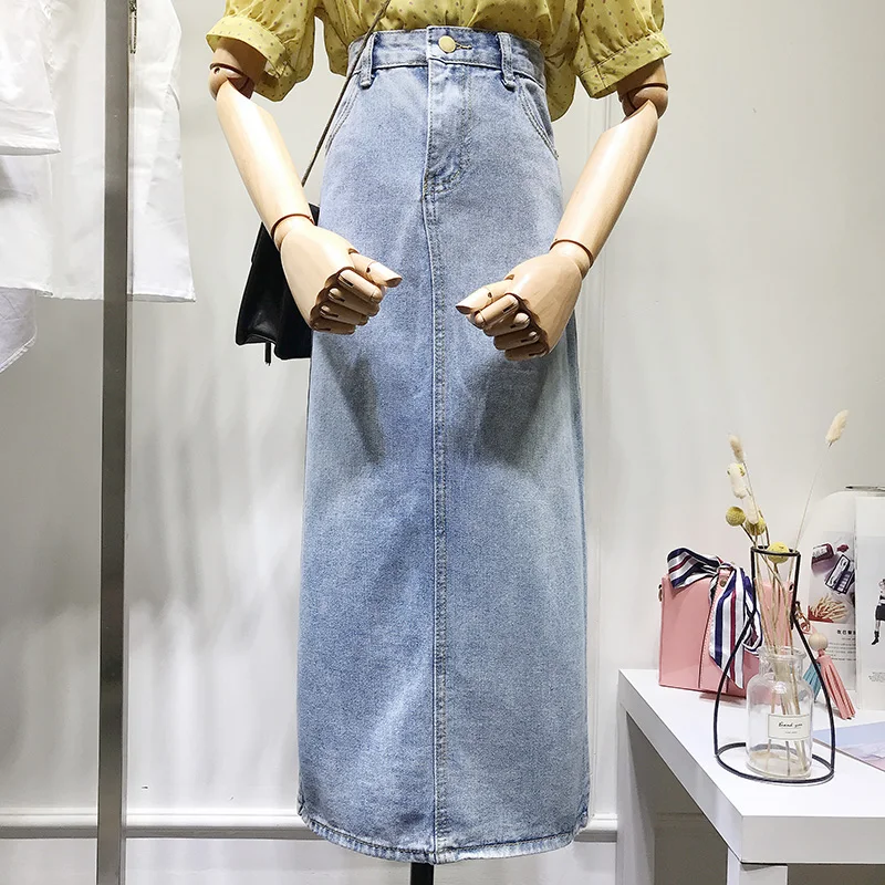 

INS Super Fire Women's Cowboy Long Skirt Korean Fashion Spring and Summer Students High Waist Light Blue Long Denim Skirts