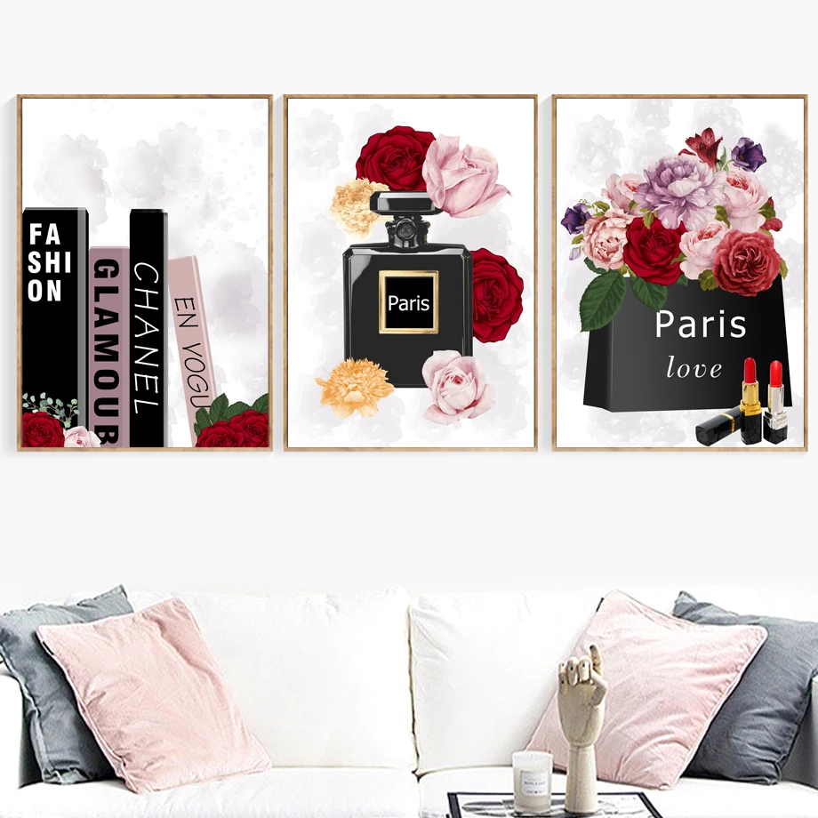 

Fashion Book Paris Perfume Rose Lipstick Wall Art Canvas Painting Nordic Posters And Prints Wall Pictures For Living Room Decor