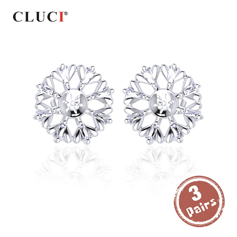 

CLUCI 3 pair wholesale 925 Sterling Silver Stud Earrings Zircon Earring Mounting for Pearl Jewelry Women Earrings SE092SB
