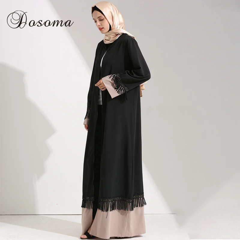 Busana Muslim Abaya Maxi Gaun Terbuka Rumbai Jilbab Jubah 
