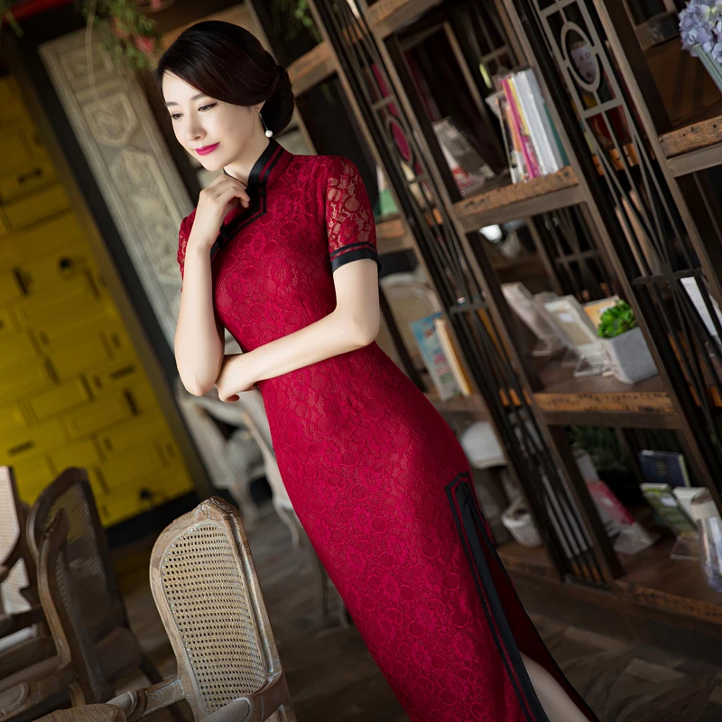 Vestito Sottile Cheongsam L S Corta Xxxl Cinesi Delle Di Xl Taglia Vestido Merlettano Lungo Nero Rosso rosso Il Manica Qipao M Elegante Arrivo Donne Modo Nuovo Xxl pOnYH1Px1
