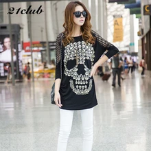 2017 women large size tops pullover long section skull head tees tide clothing street style self-cultivation ladies t shirt