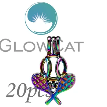 

20x CC596 Rainbow Tennis Racket Stone Beads Cage Jewelry Making Essential Oil Diffuser Pearl Cage Locket Pendant