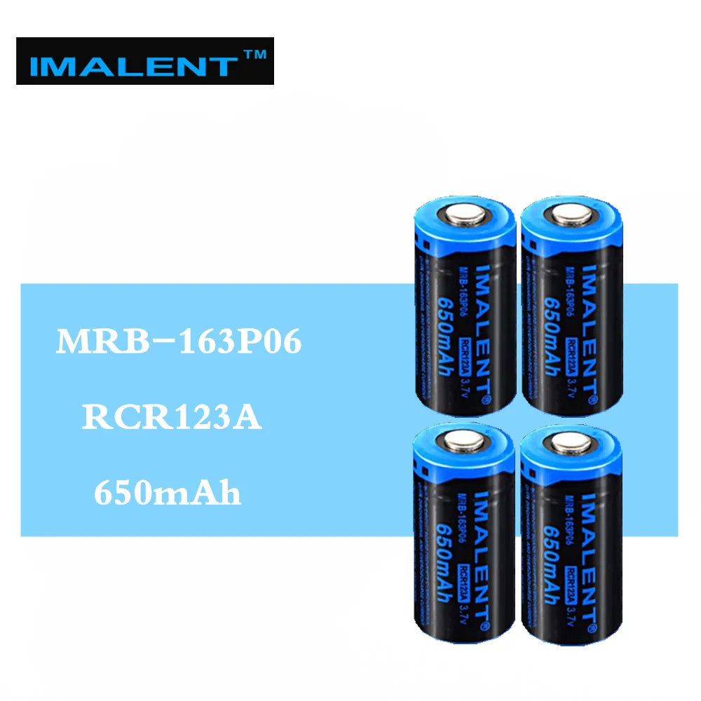 

4pcs IMALENT 16340 650mah RCR123A 3.7v li-ion MRB-163P06 rechargeable battery high performance for high drain LED flashlights