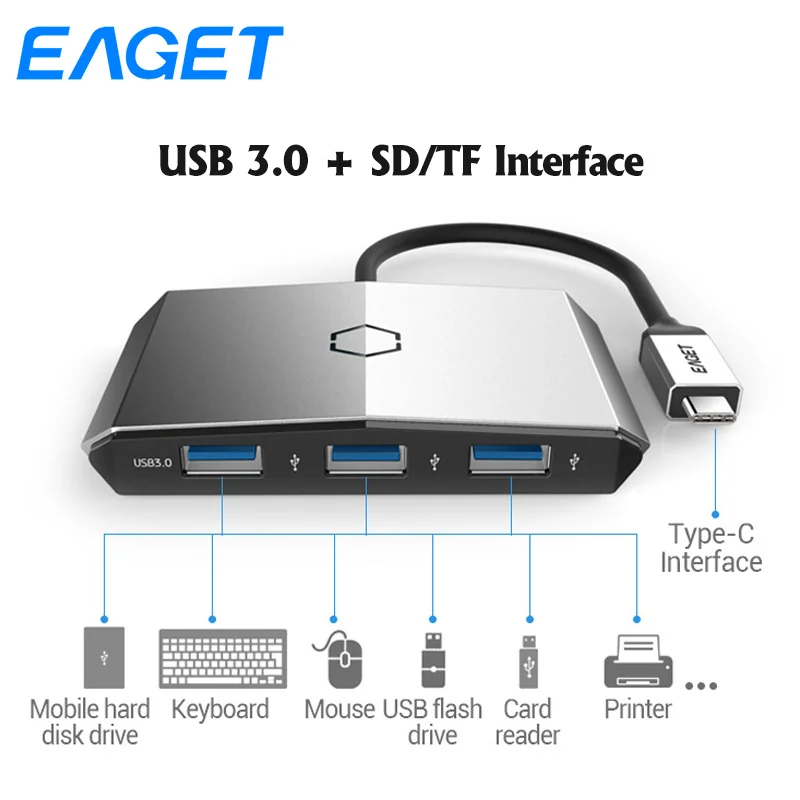 

Eaget CH35 Card Reader 4 in 1 USB C HUB OTG Splitter Type C To USB 3.0 SD/TF Card Reader 5 Ports For MacBook Type-C USB HUB