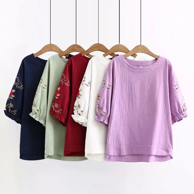 

Plus size white & dark blue & red Embroidered cotton women T-shirts 2019 summer t shirt half sleeve O-Neck ladies tee shirt