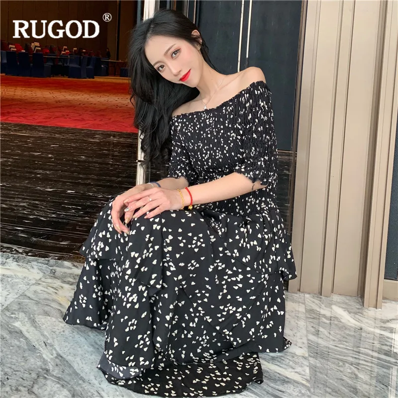 RUGOD 2019 رصدت النساء اللباس منتصف العجل أنيقة القطع الرقبة قبالة الكتف المتتالية الكشكشة موديس فام vestido فيرانو sukienki
