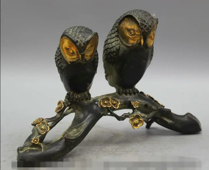 

S1566 8 Chinese Bronze Gild Animal Two night owl bird plum blossom Sculpture Statue discount 30% (C0324)