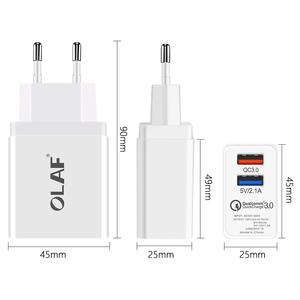 Зарядное устройство OLAF с двумя портами USB, 30 Вт, быстрая зарядка 3,0, зарядное устройство для мобильного телефона, для путешествий, штепсельная вилка европейского стандарта, настенный адаптер, магнитный кабель Micro USB