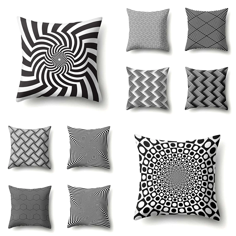 

Vertigo Printed Black And White Geometric Lines Polyester Hypnosis Cushion Cover 45x45cm Dizziness Sleeping Throw Pillow Covers
