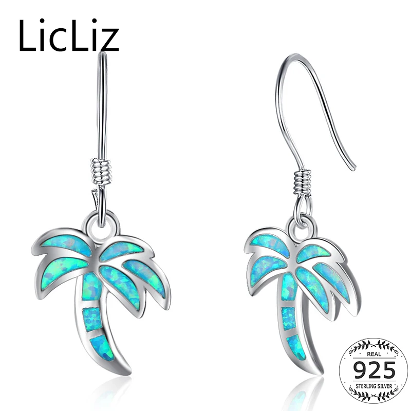 

LicLiz Boho 925 Sterling Silver Coconut Tree Dangle Earrings Pierced Fish Ear Hook Earring Blue Opal Drop Earrings Women LE0307