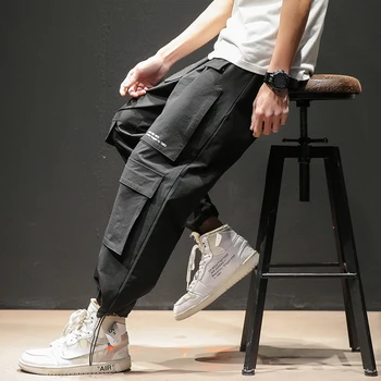 

2019 Pocket Black Cargo Pants Men Baggy Grey Casual Joggers Men Korean Streetwear Hip Hop Japanese Sweatpants Harlan Pants LC795