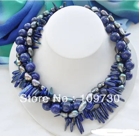 

Jewelry 0012224 4row 18" black rice pearl blue lapis lazuli necklace