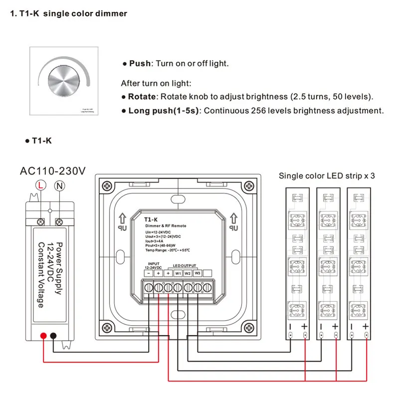 DC12v-24v поворотный Панель светодиодный диммер настенный светодиодный контроллер T1-K T2-K T3-K кв для одиночный цвет/двойной цвет/RGB/RGBW полосы светильник