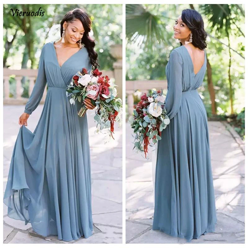 63-1 2019 New Cheap Country Bridesmaid Dresses Chiffon A Line V Neck Long Sleeves Floor-Length Country Wedding Party Dresses Maid of Honor Gowns