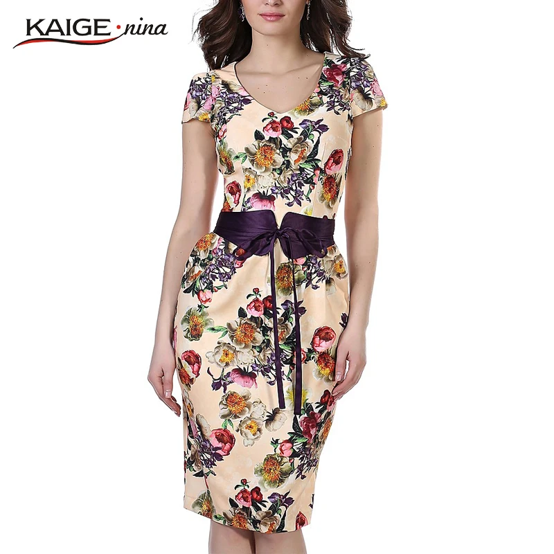 Kaige.Nina New Women's Fashion Vestidos Printing Style Short Sleeves V-Neck Belt Decoration Tight Knee-length  1607 a