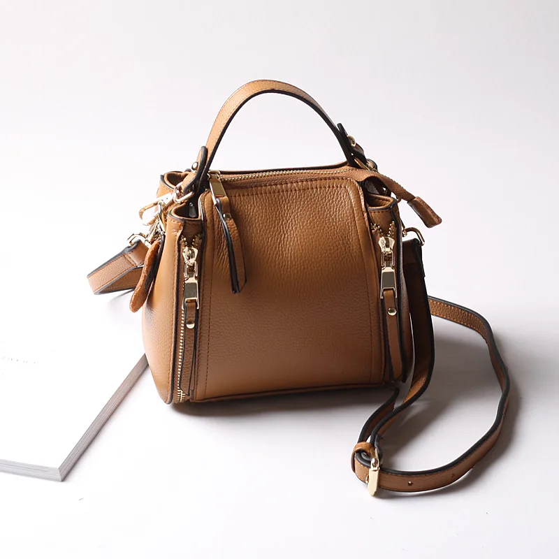 

New 2019 Cow Leather Small Messenger Bags Double Zipper Bucket Bags Genuine Leather Handbags Women Mini Shoulder Crossbody Bags