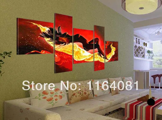 

Free shipping high quality handmade'Woman wake up in the fire'no frame sexy Modern abstract huge oil painting on canvas 5pcs