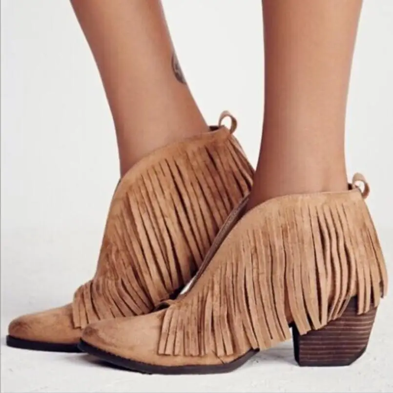 

Women shoes botas mujer high heels fringe ankle boots for ladies spring autumn flock leather pointed toe chelsea boots plus size