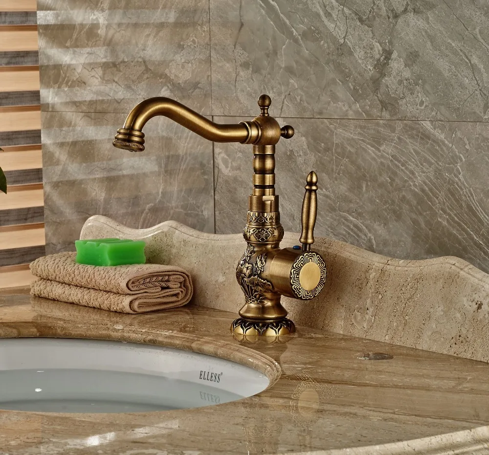 Bathroom Antique Brass Sink Faucet Vanity Tap Deck Mounted Swivel Spout