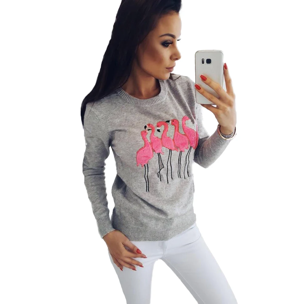 Fashion Women Sweatshirts Embroidery Flamingo Long Sleeve