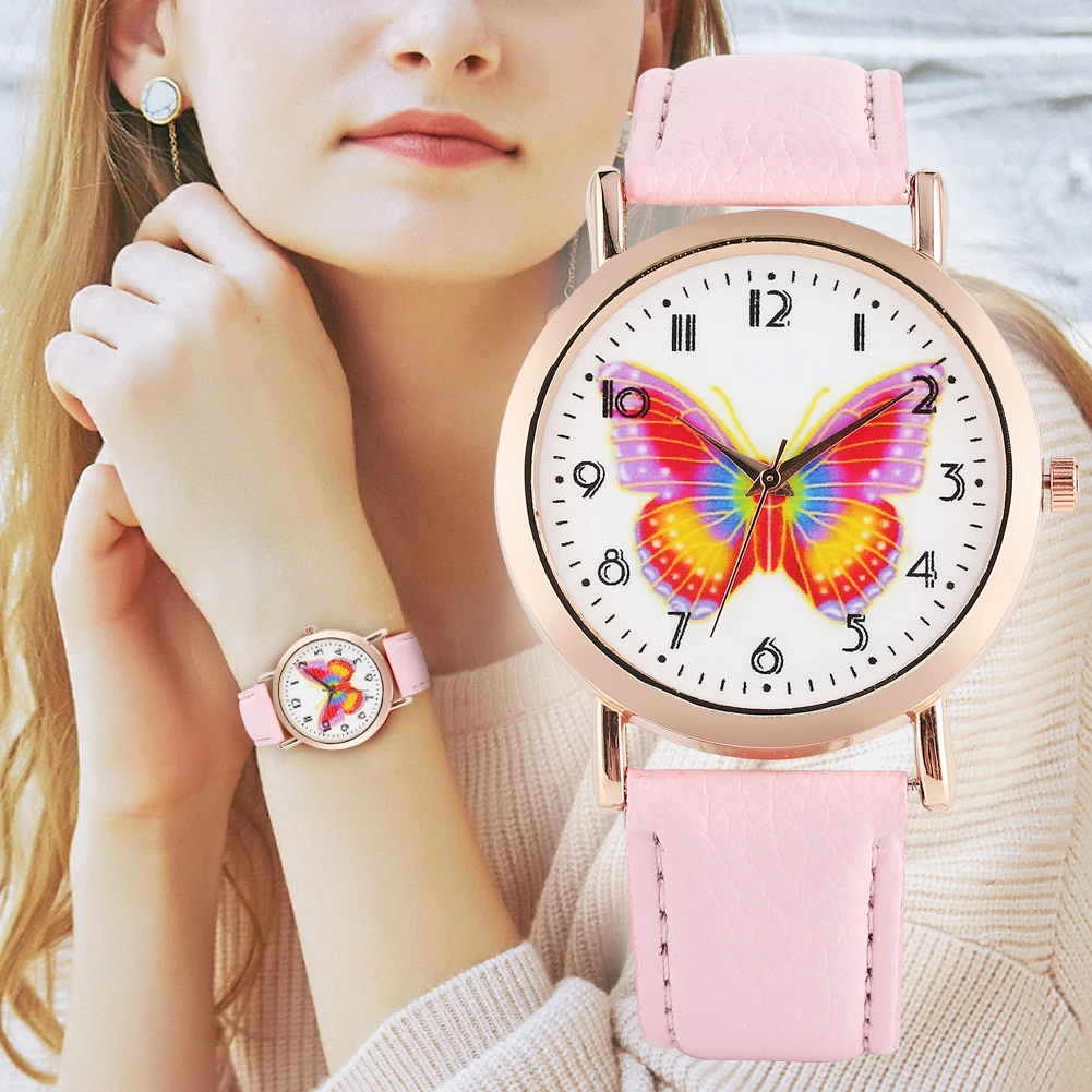 

Woman's Exquisite Butterfly Pattern Dial Watch Lovely Quartz Watch Classic Arabic Numerals Dial PU Leather Strap Wristwatch