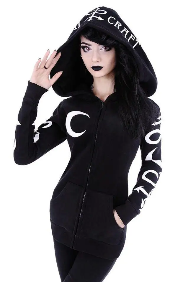 Women Hoodies Gothic Punk Moon Letter Print Sweatshirts  Autumn Winter Long Sleeve  Jacket Zipper Coat  Casual  Hoodies Women