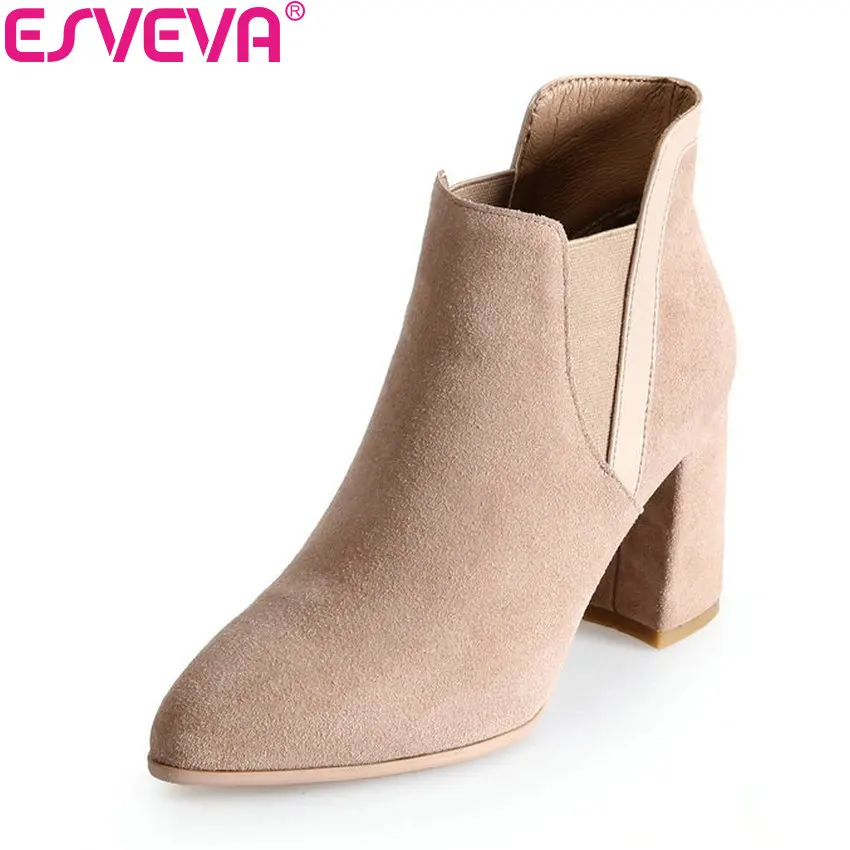 

ESVEVA 2019 Sweet Style Women Shoes Pointed Toe Square High Heels Ankle Boots Elastic Band Winter Boots for Women Size 34-39