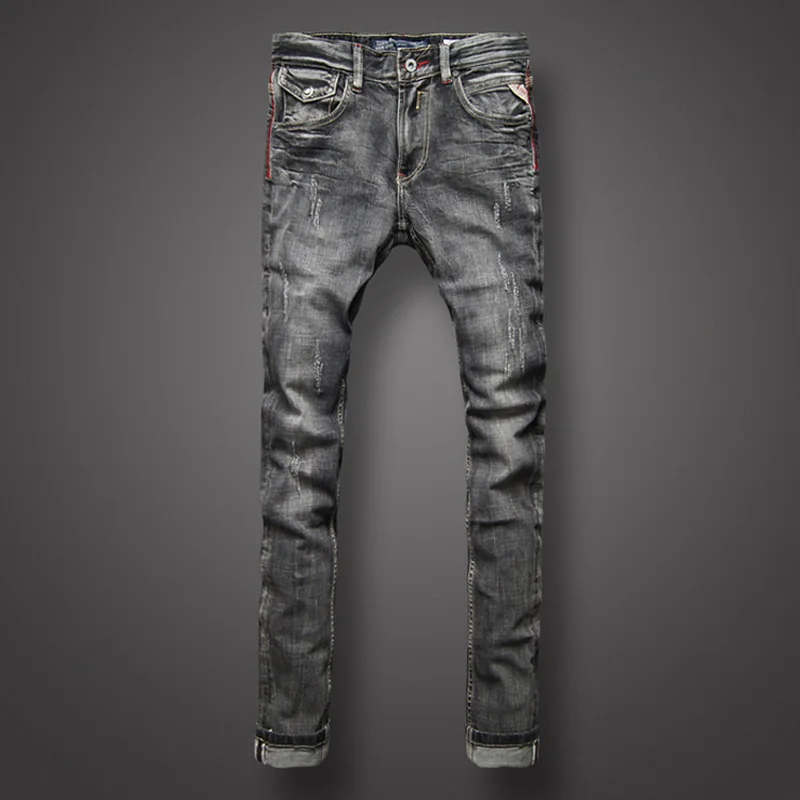 Italian Style Fashion Men Jeans High Quality Slim Fit Dark Gray Ripped