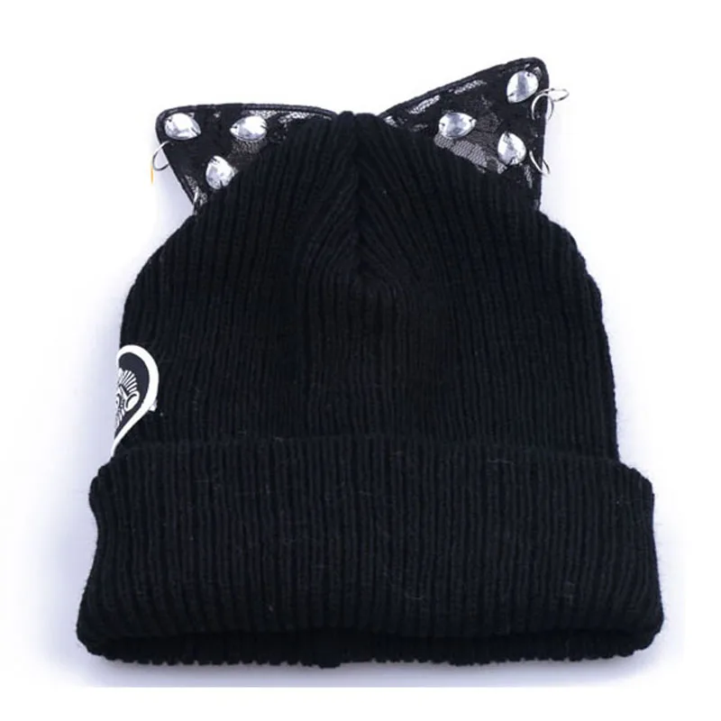 

Women Warm Winter Hats Beret Lace Rhinestone Cat Ear Crochet Knit Beanie Ski Caps