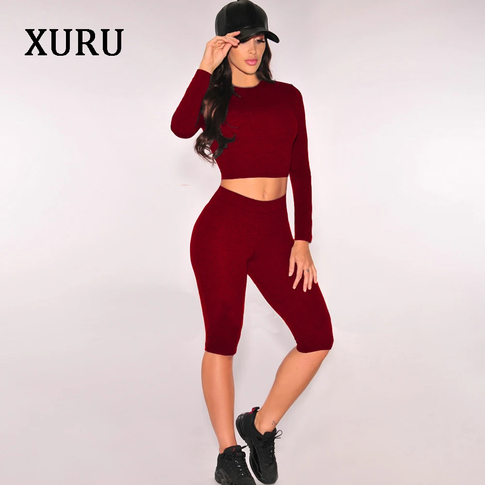 

XURU Summer Playsuits Women Jumpsuit Rompers High Stretchy Solid Two Piece Set Long Sleeve Fitness Casual Rompers 2018 Summer