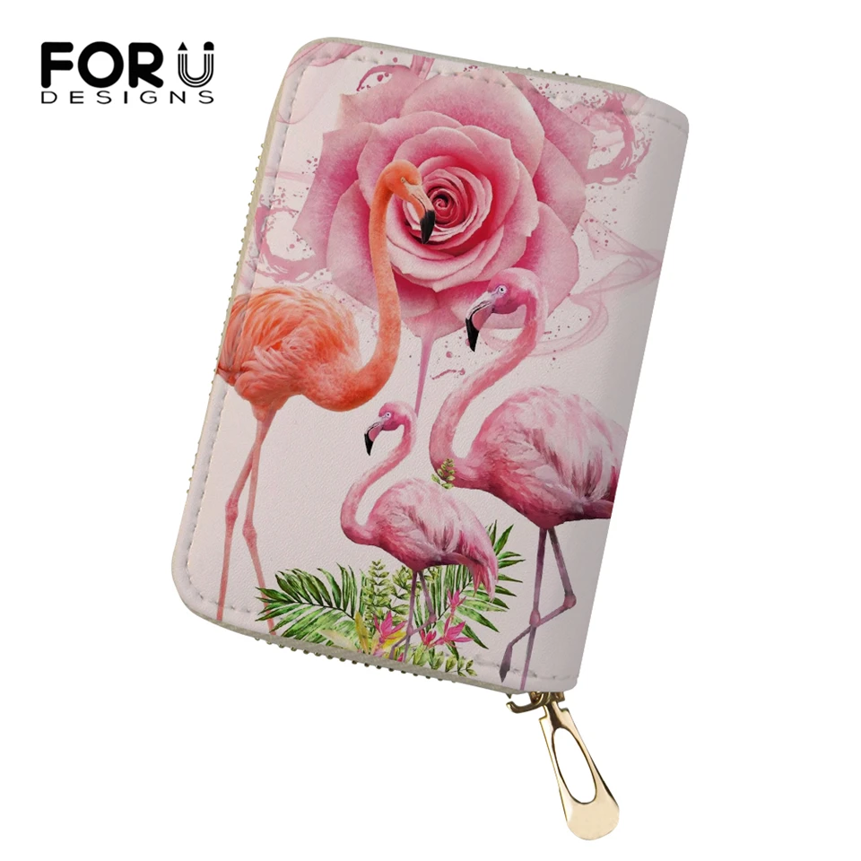 

FORUDESIGNS Cartoon Women Business PU Card Holder Girls Money Purses Bags Flower Flamingo Prints Pattern Fashion Cluth Wallets