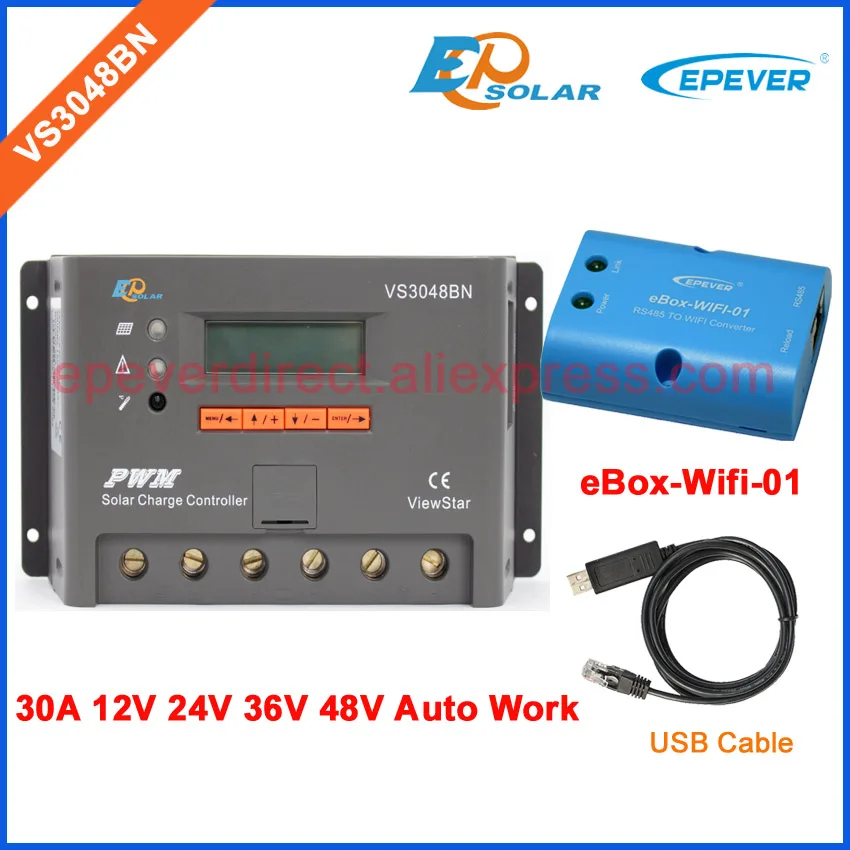 

12v 24v 36v 48v auto type solar PWM epever charging regulator VS3048BN with USB cbale and APP use Wifi BOX 30A 30amp