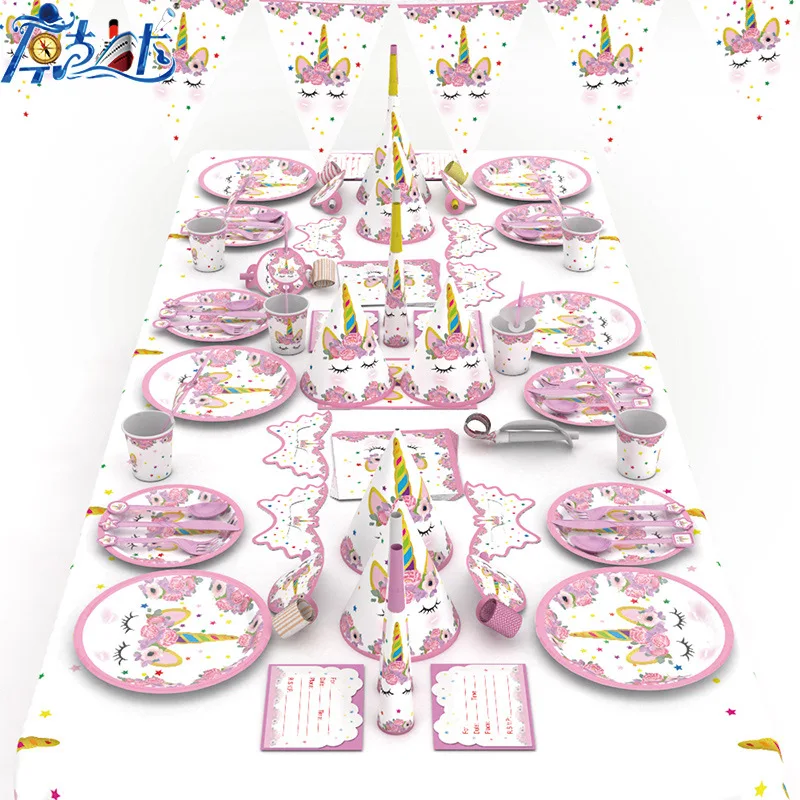 

84pcs Unicorn Theme paper cup napkin plate hat mask horn tablecover for Kids Unicorn Birthday Party Decoration 6people use