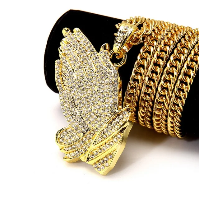 

35.4 inch Women Men Praying Hands Big pendants bling Jewelry Gifts Full Crystal necklaces Golden Prayer Jesus Chains
