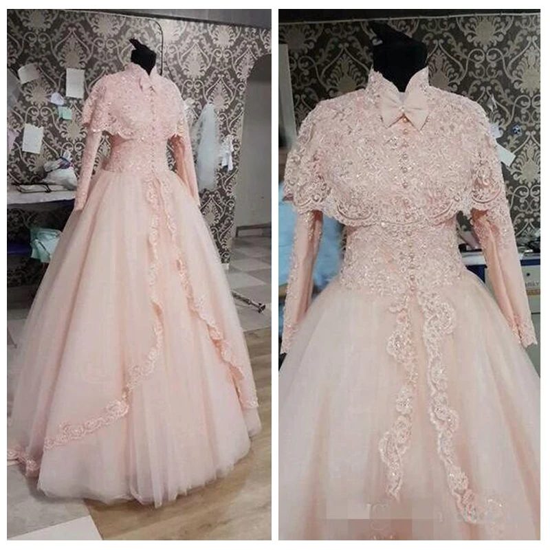 2017 Modest High Neck Long Sleeves Pink A Line Wedding ...