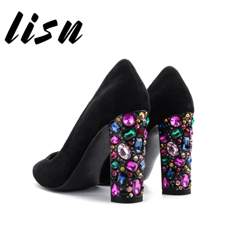

LISN New Crystal Jewel Deco Heel Summer Spring Pumps Pointed Toe Slip On HIgh Heel Sandals Shoes Women Zapatos Mujer