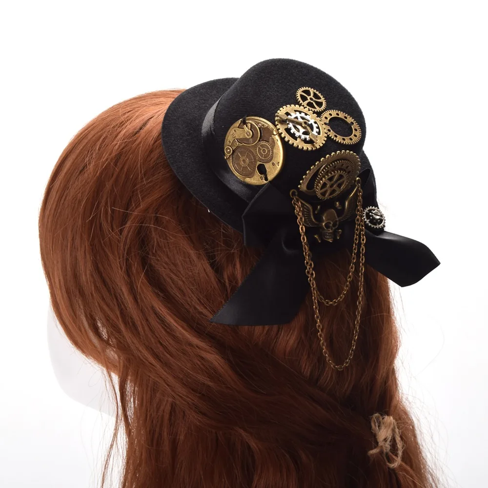 

Women Vintage Black Steampunk Top Hat Hair Clips Gothic Skull Gear Headwear