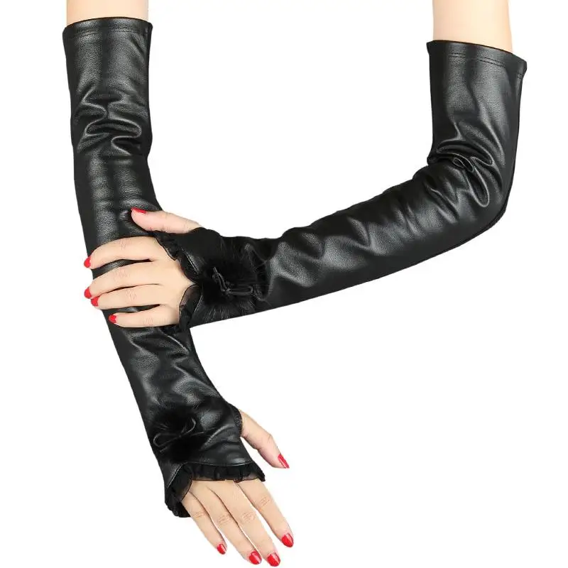 lady black Genuine leather gloves sheepskin long type 40cm fashion