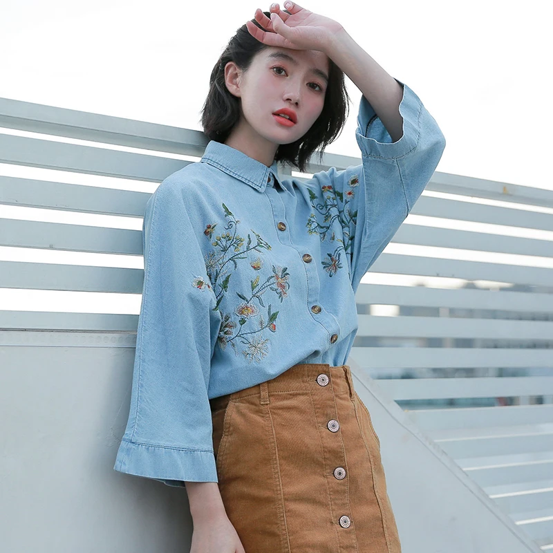 Mori Girl/Модная джинсовая синяя рубашка для женщин в Корейском стиле свободное с
