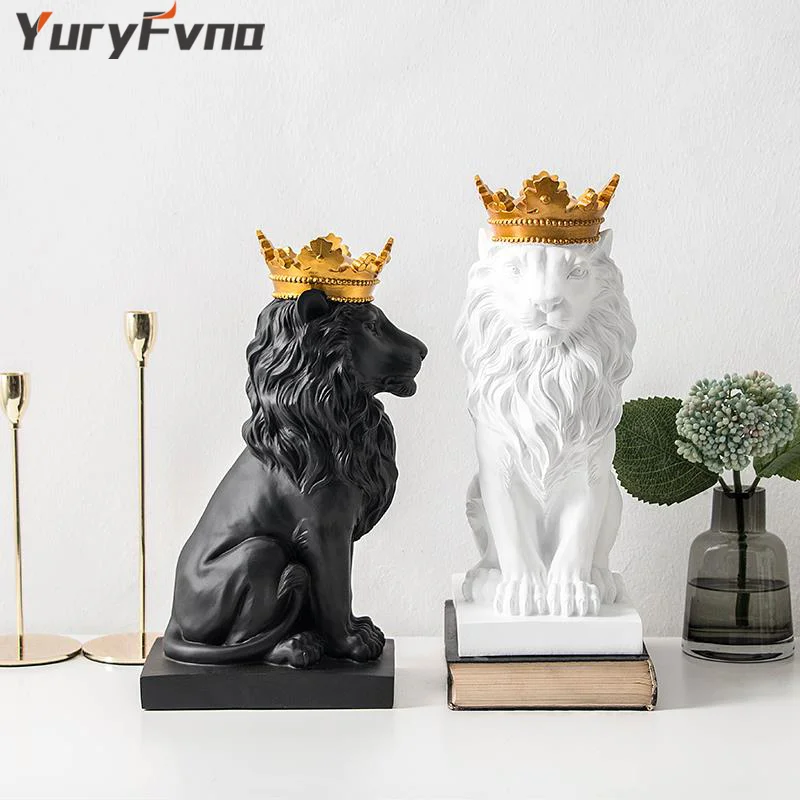 

YuryFvna Modern Abstract Resin Lion King with Golden Crown Statue Resin Lion Sculpture Home Decoration Accessories Gift