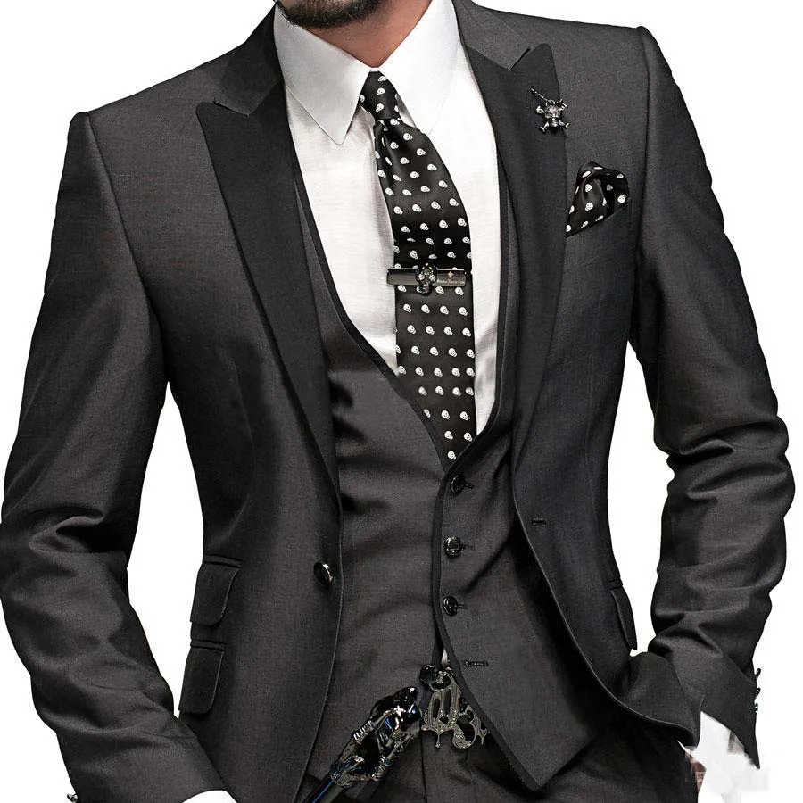 

Custom Made One Button Charcoal Grey Groom Tuxedos Peak Black Lapel Groomsmen Men Wedding Suits Bridegroom Jacket+Pants+Tie+Vest