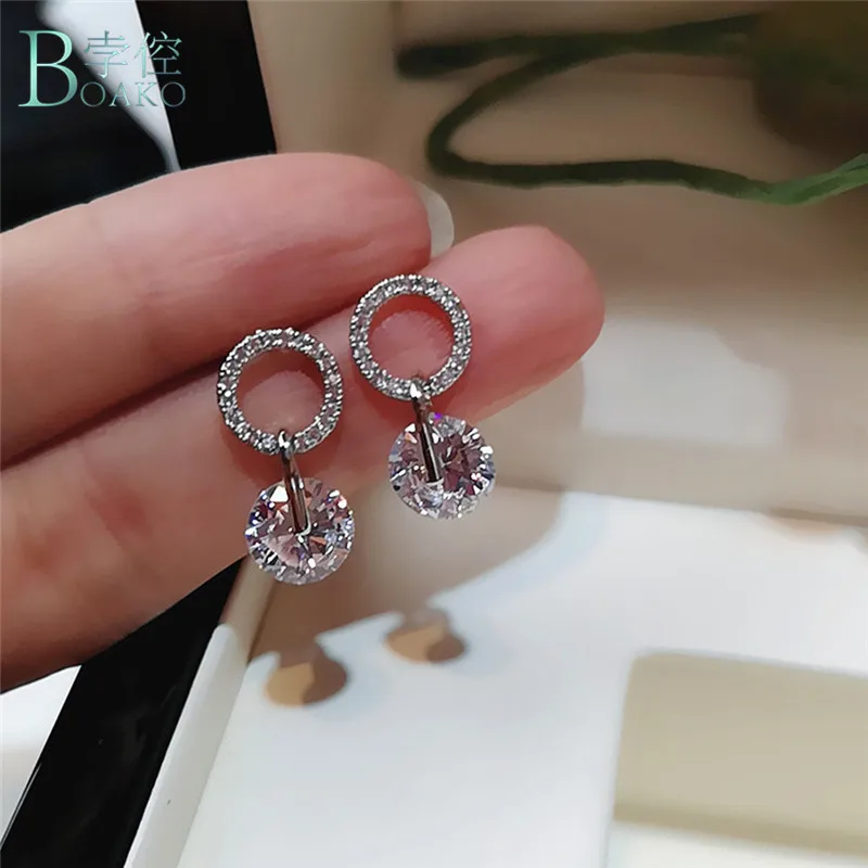 

BOAKO Shinning CZ Zircon Stud Round Earrings For Women 925 Sterling Silver Pendientes Fashion Jewelry Statement Earrings
