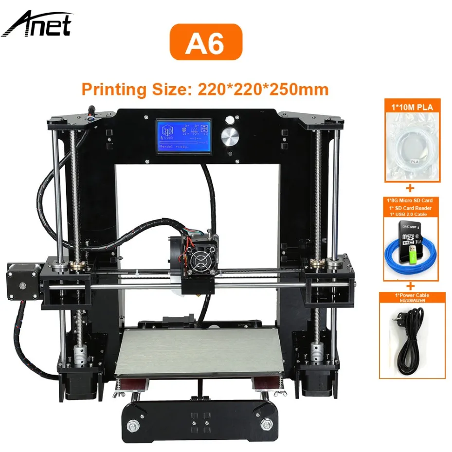 Anet A6 настольный 3d принтер, набор, большой размер, высокая точность, Reprap Prusa i3, сделай сам, 3d принтер, алюминиевая Горячая кровать, Подарочная нить, 16 ГБ, SD карта - Цвет: A6 3D printer