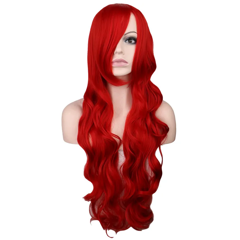 

QQXCAIW Long Wavy Cosplay Dark Red 80 Cm Synthetic Hair Wigs